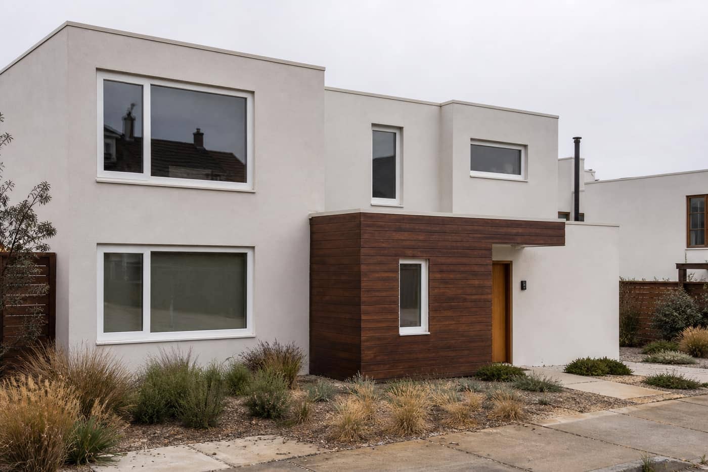 Casa de referencia con ventanas de PVC blancas. Foto ilustrativa, no es un trabajo de Winwood.